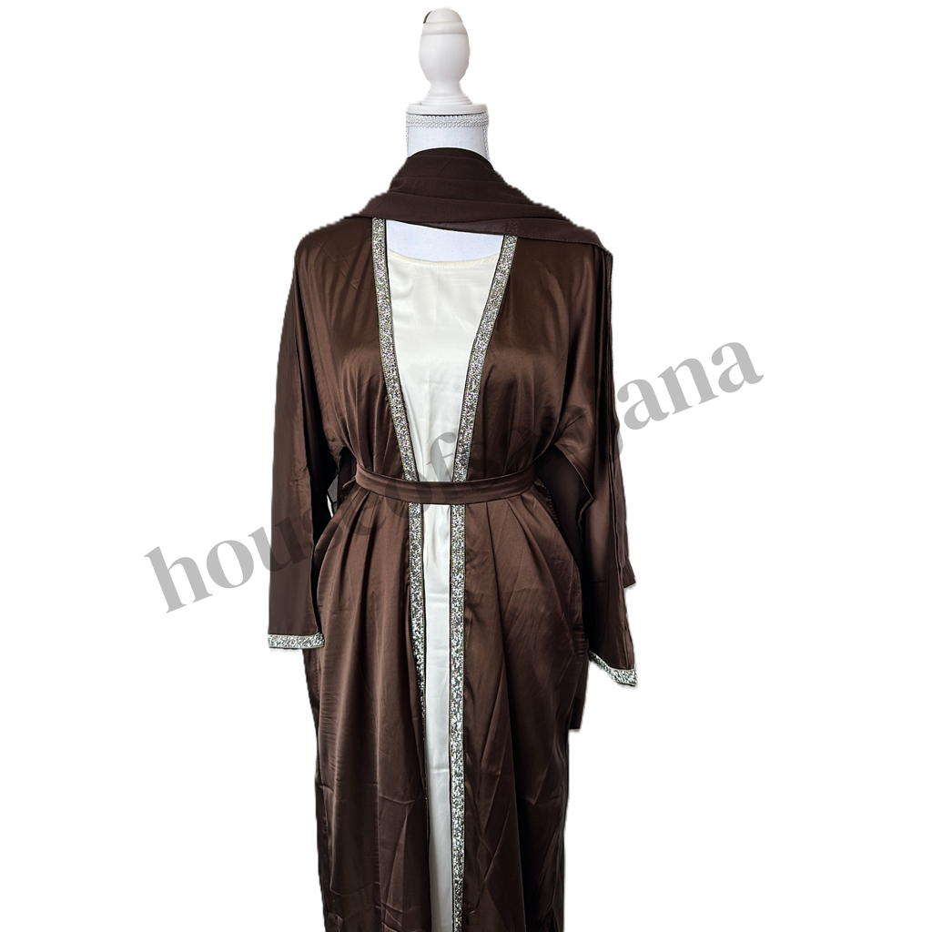 Chocolate Brown Satin Abaya with Silver Embellished Trim