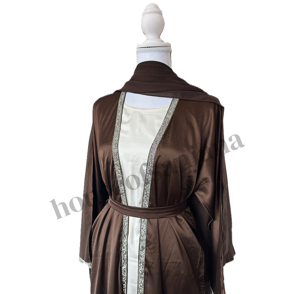 Chocolate Brown Satin Abaya with Silver Embellished Trim