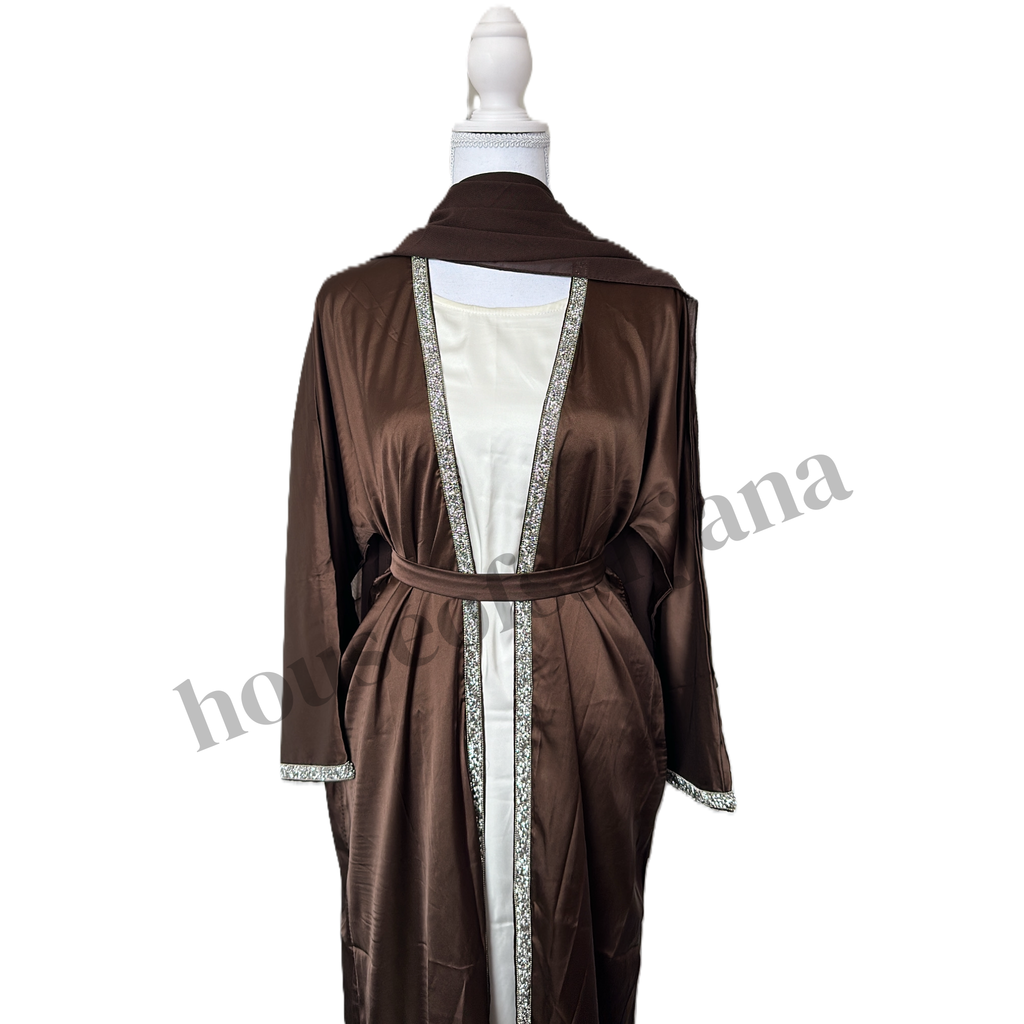 Chocolate Brown Satin Abaya with Silver Embellished Trim