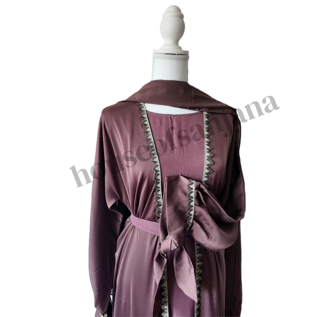 Deep Mauve Abaya with Silver Embellished Trim