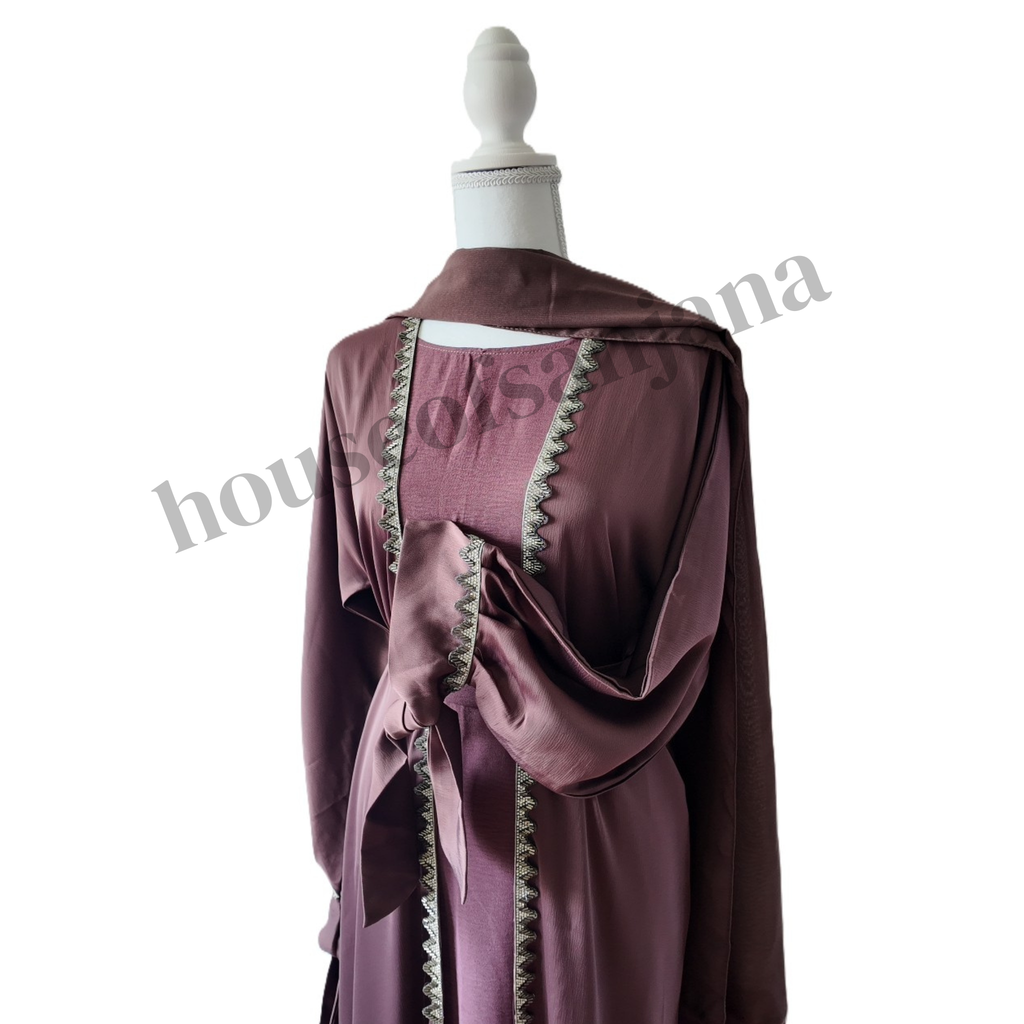 Deep Mauve Abaya with Silver Embellished Trim