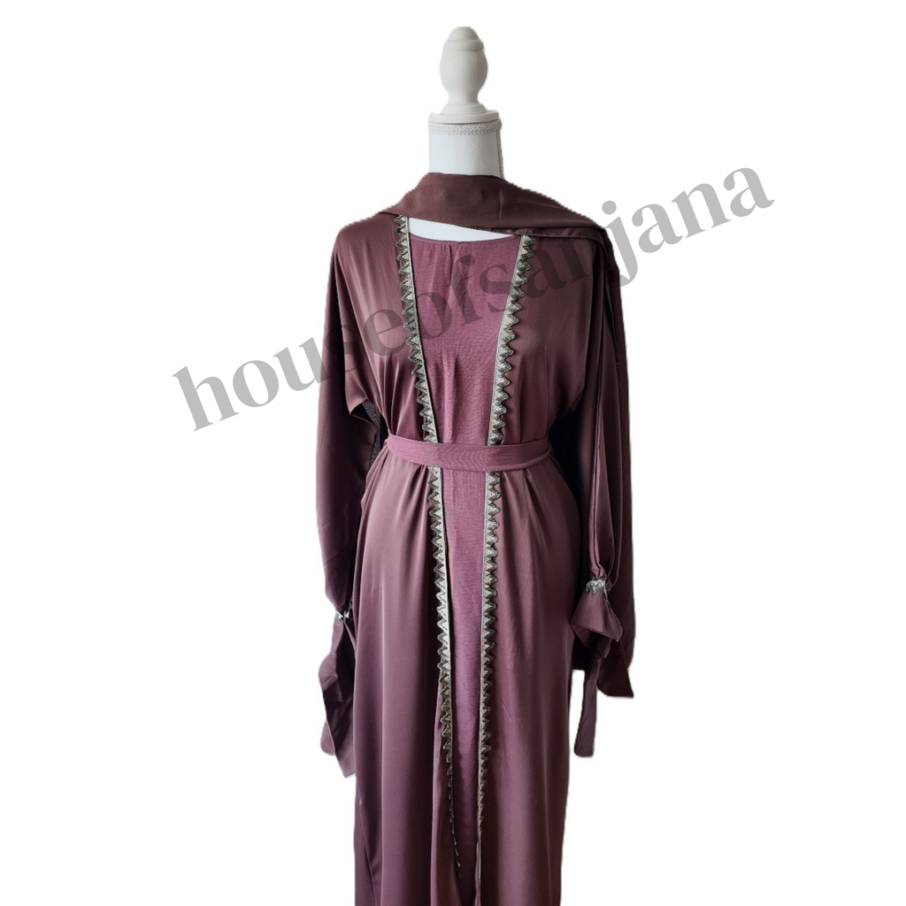 Deep Mauve Abaya with Silver Embellished Trim