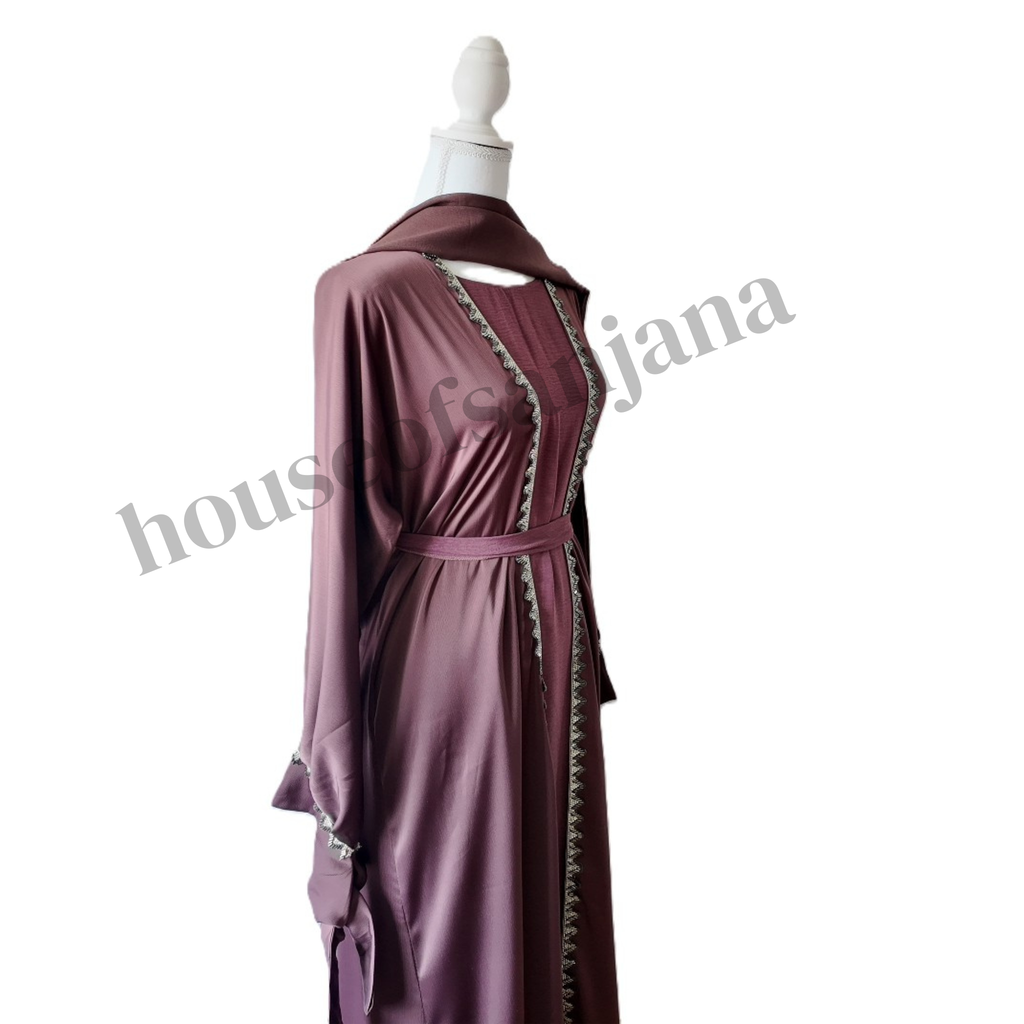 Deep Mauve Abaya with Silver Embellished Trim