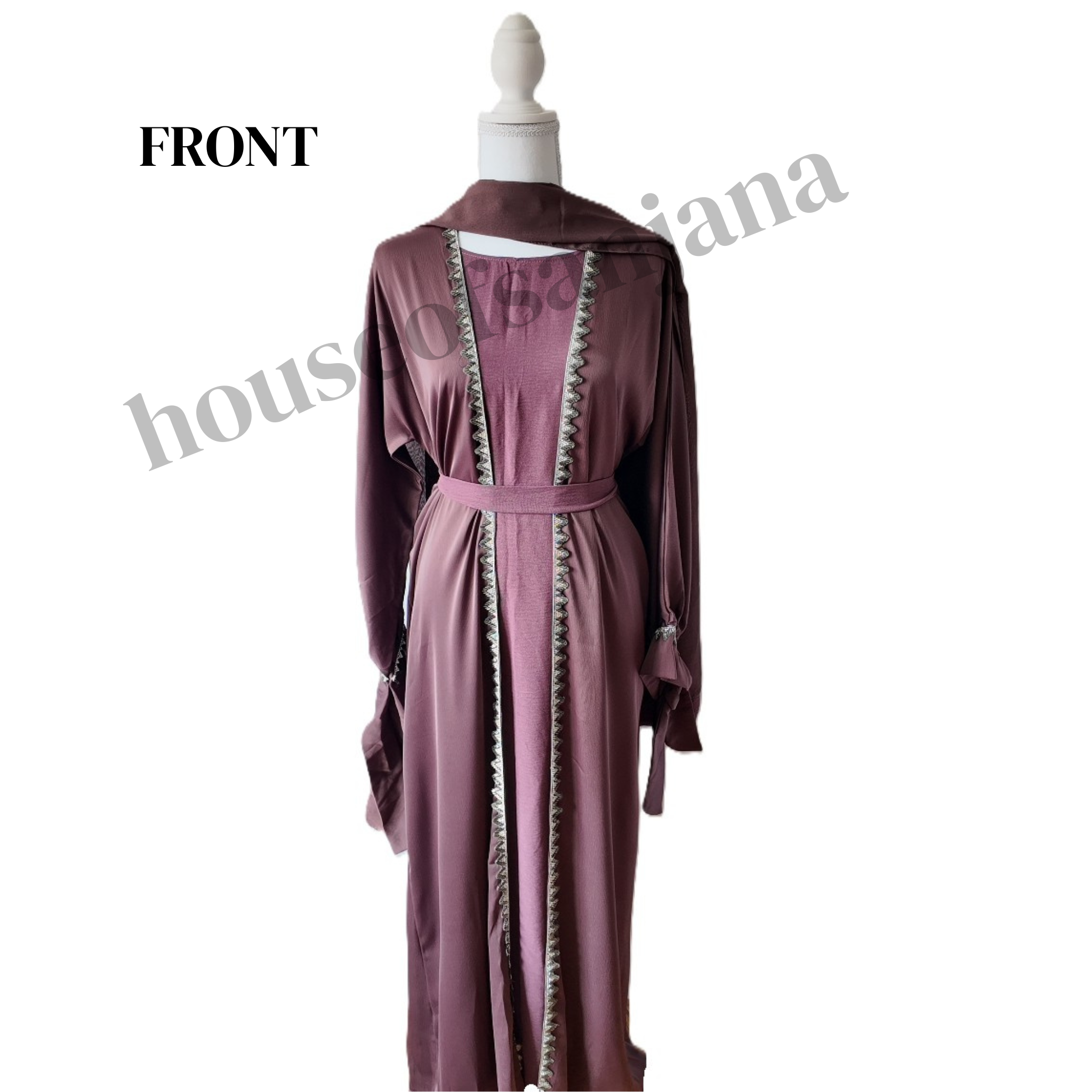 Deep Mauve Abaya with Silver Embellished Trim