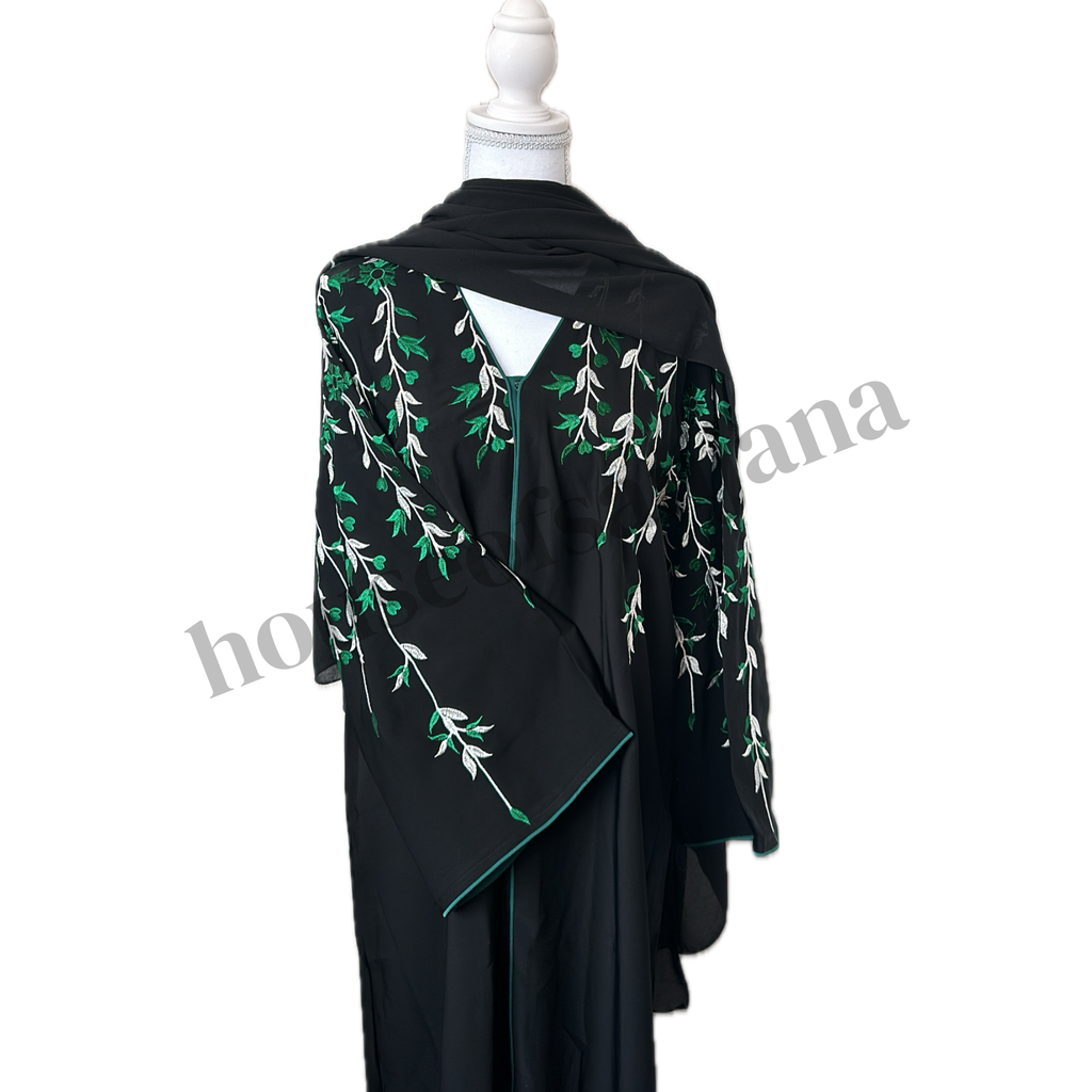 Black Abaya with White and Green Embroidery