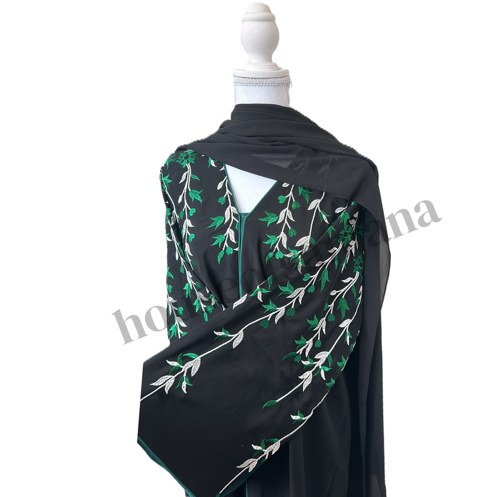 Black Abaya with White and Green Embroidery