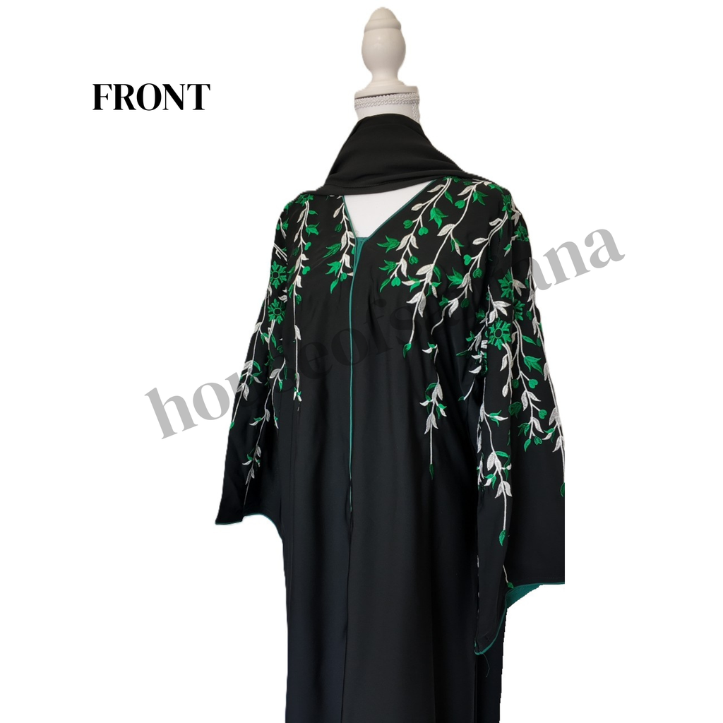 Black Abaya with White and Green Embroidery