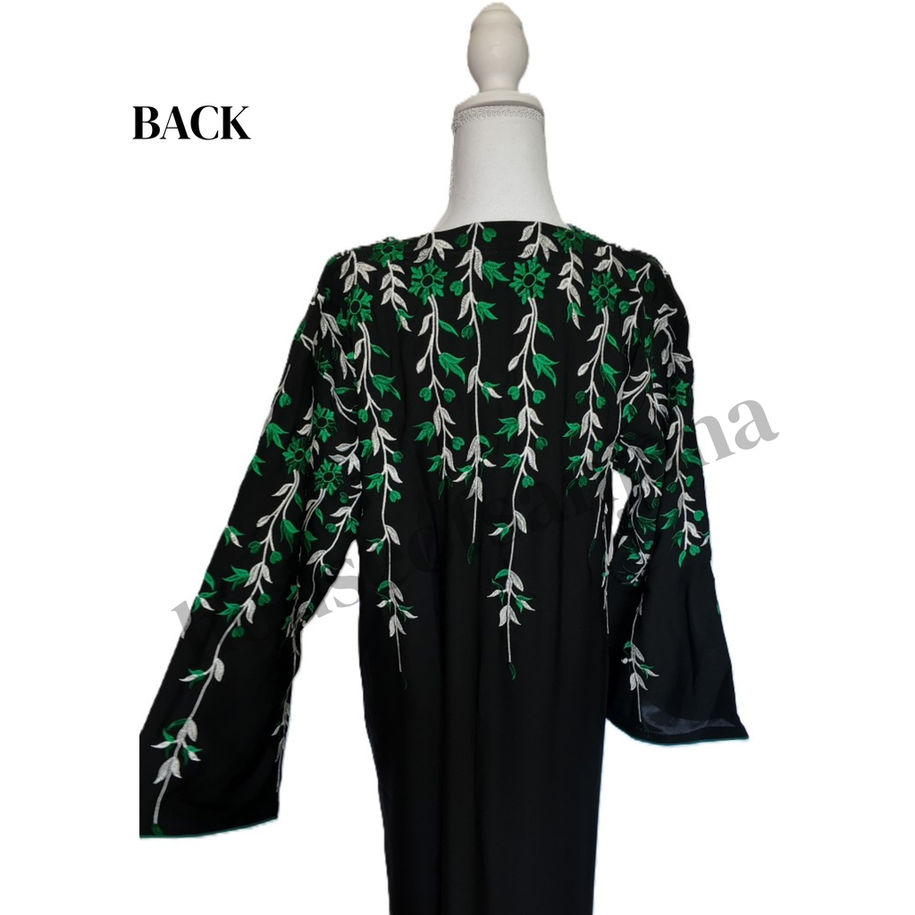Black Abaya with White and Green Embroidery