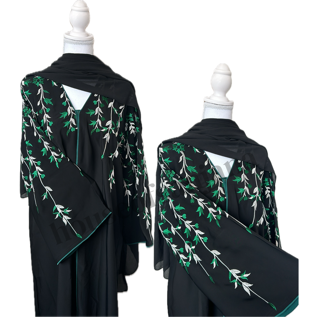 Black Abaya with White and Green Embroidery