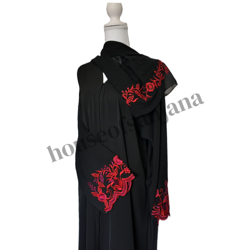 Black Abaya With Red Floral Embroidery