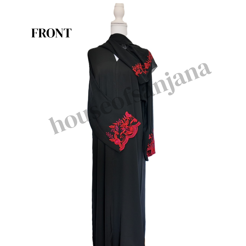 Black Abaya With Red Floral Embroidery