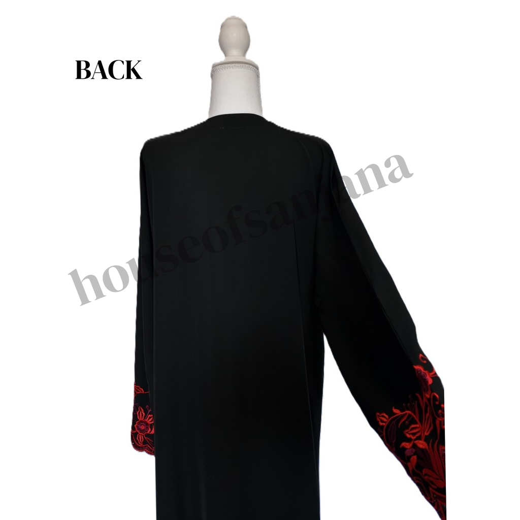 Black Abaya With Red Floral Embroidery