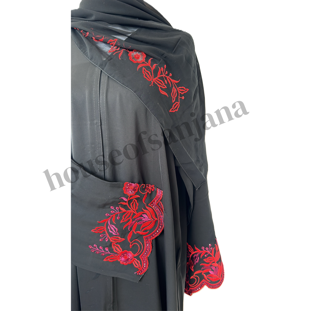Black Abaya With Red Floral Embroidery