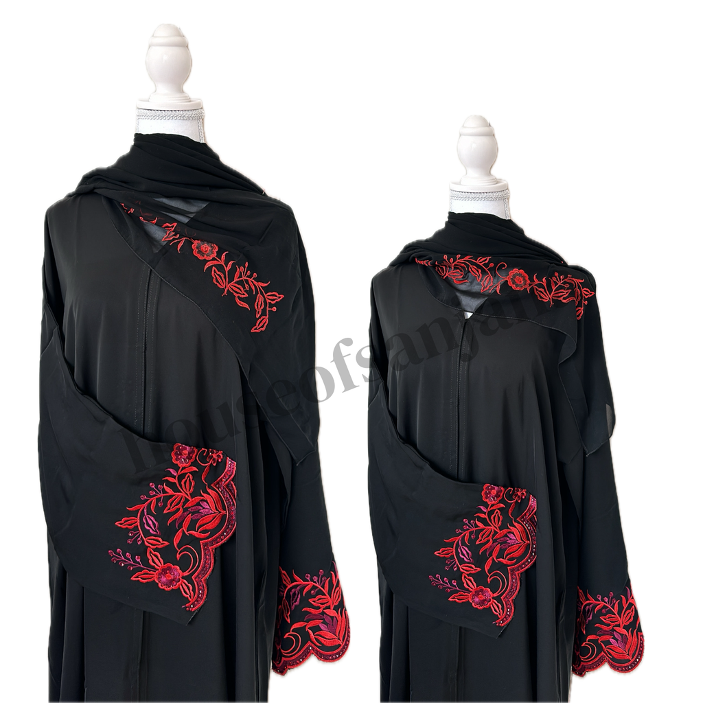 Black Abaya With Red Floral Embroidery