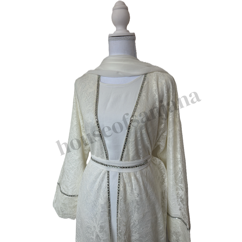 Ivory Textured Abaya with Silver Detailing
