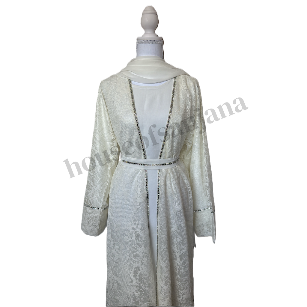 Ivory Textured Abaya with Silver Detailing