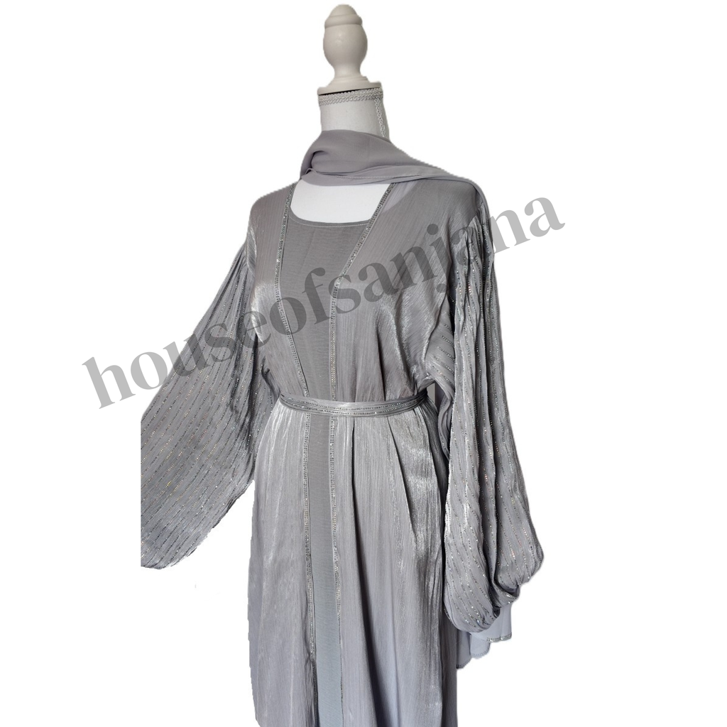 Lilac Grey Abaya with Embellished Balloon Sleeves