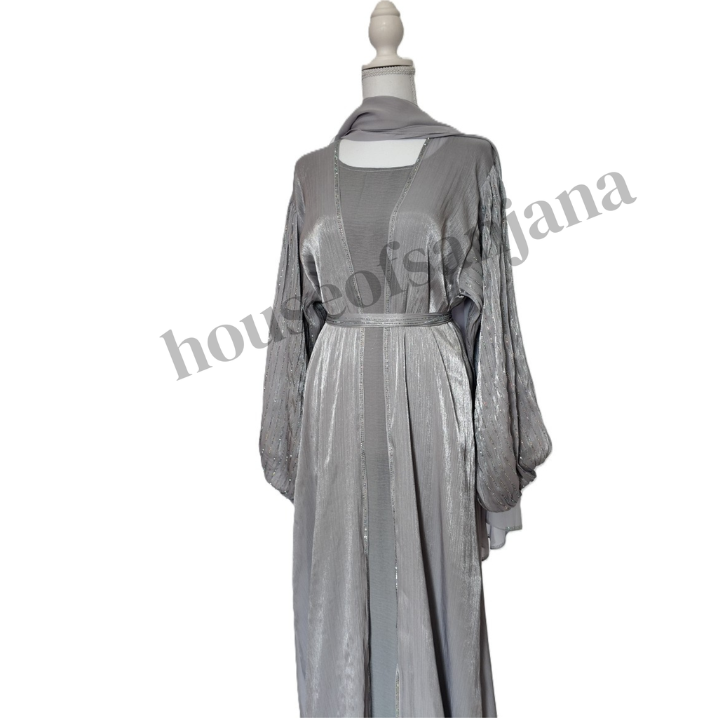 Lilac Grey Abaya with Embellished Balloon Sleeves