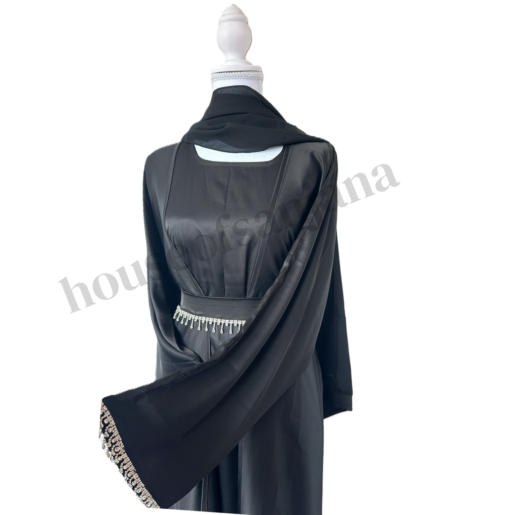 Black Satin Abaya with Crystal Detailing