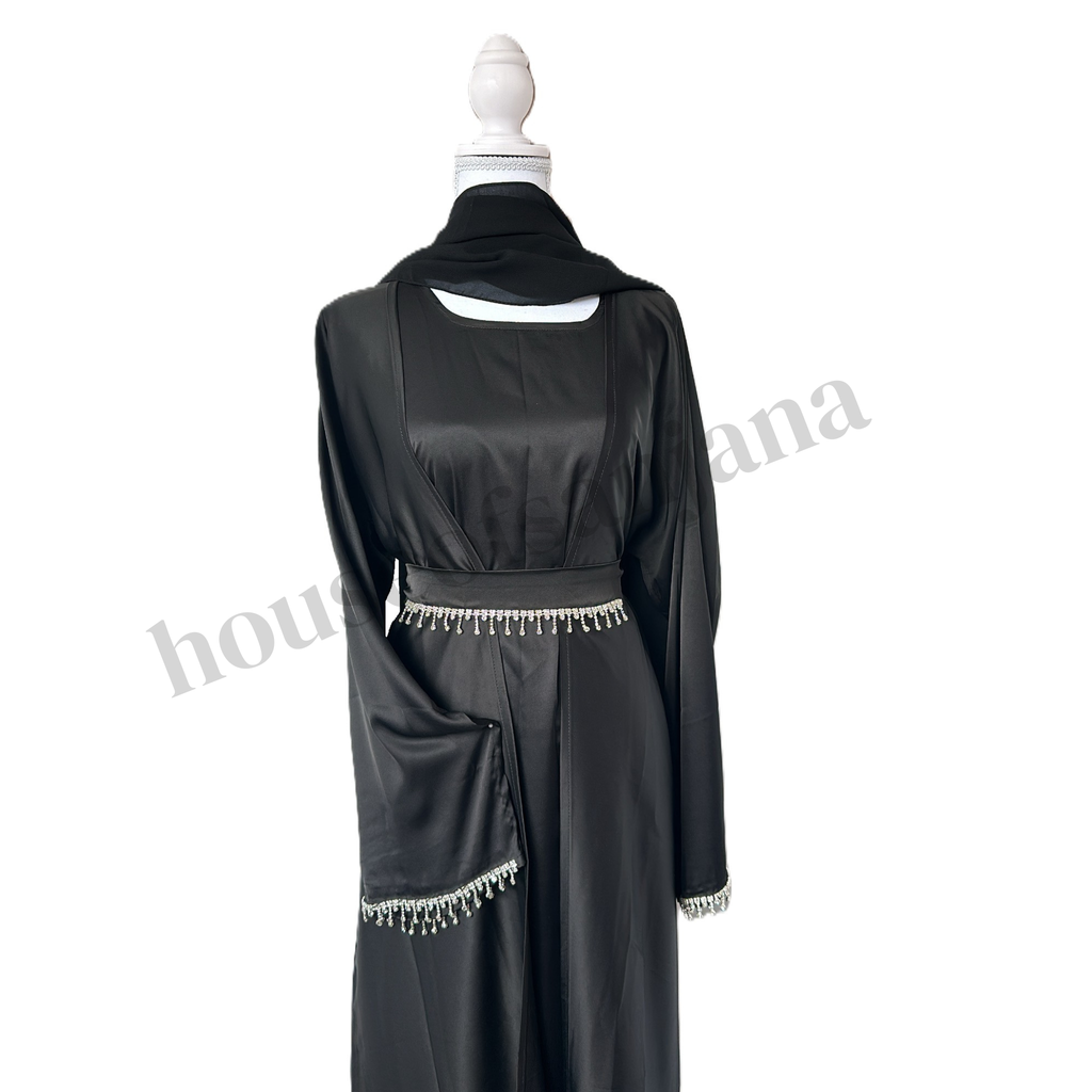 Black Satin Abaya with Crystal Detailing