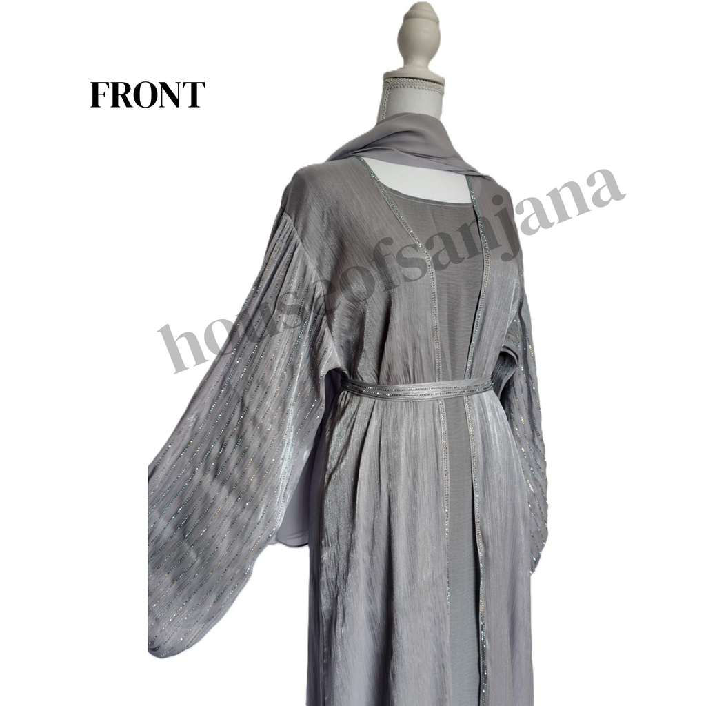 Lilac Grey Abaya with Embellished Balloon Sleeves